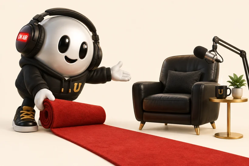 Podbutt rolls out a red carpet toward an empty black leather podcast armchair with a microphone and a coffee mug.